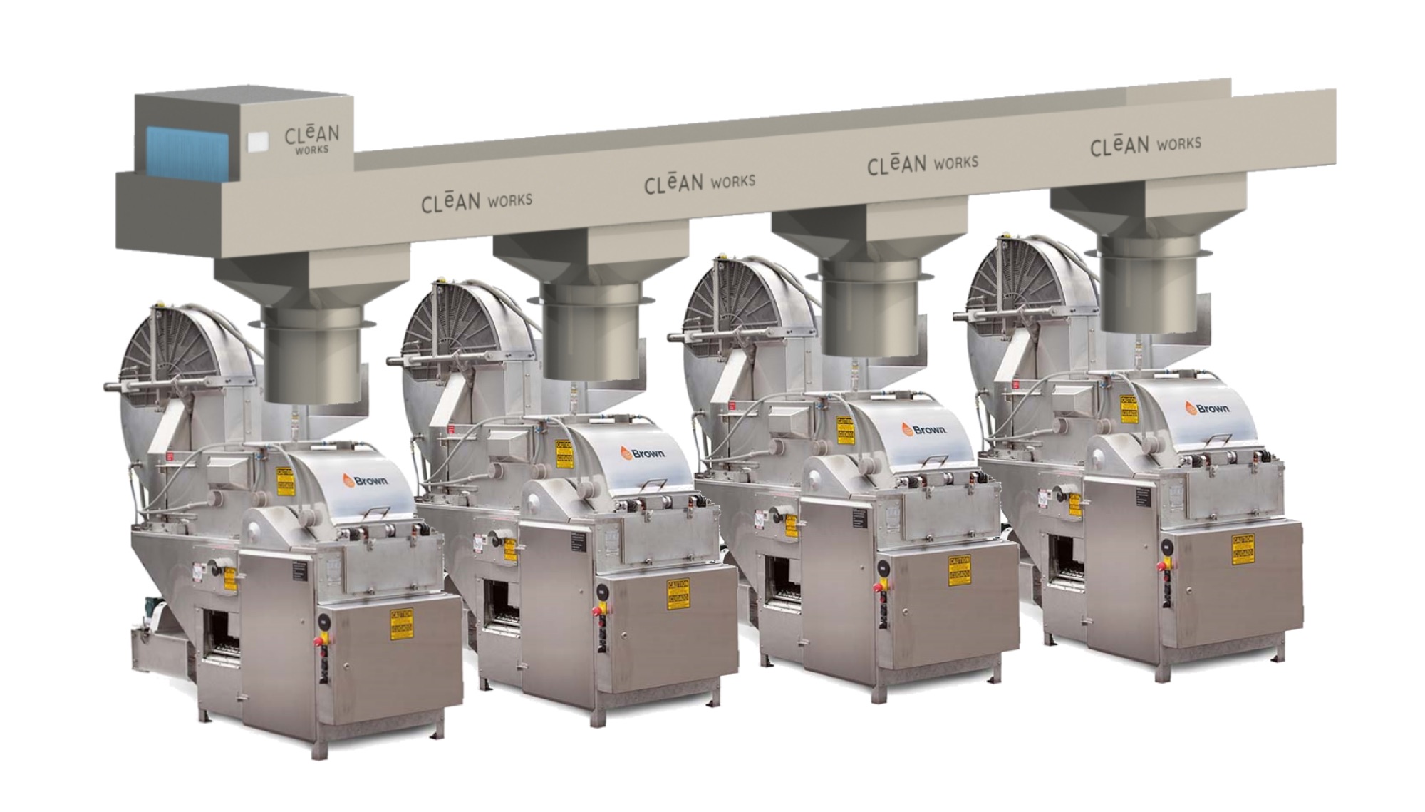 Row of CleanWorks machines with shared overhead handling built by PLM