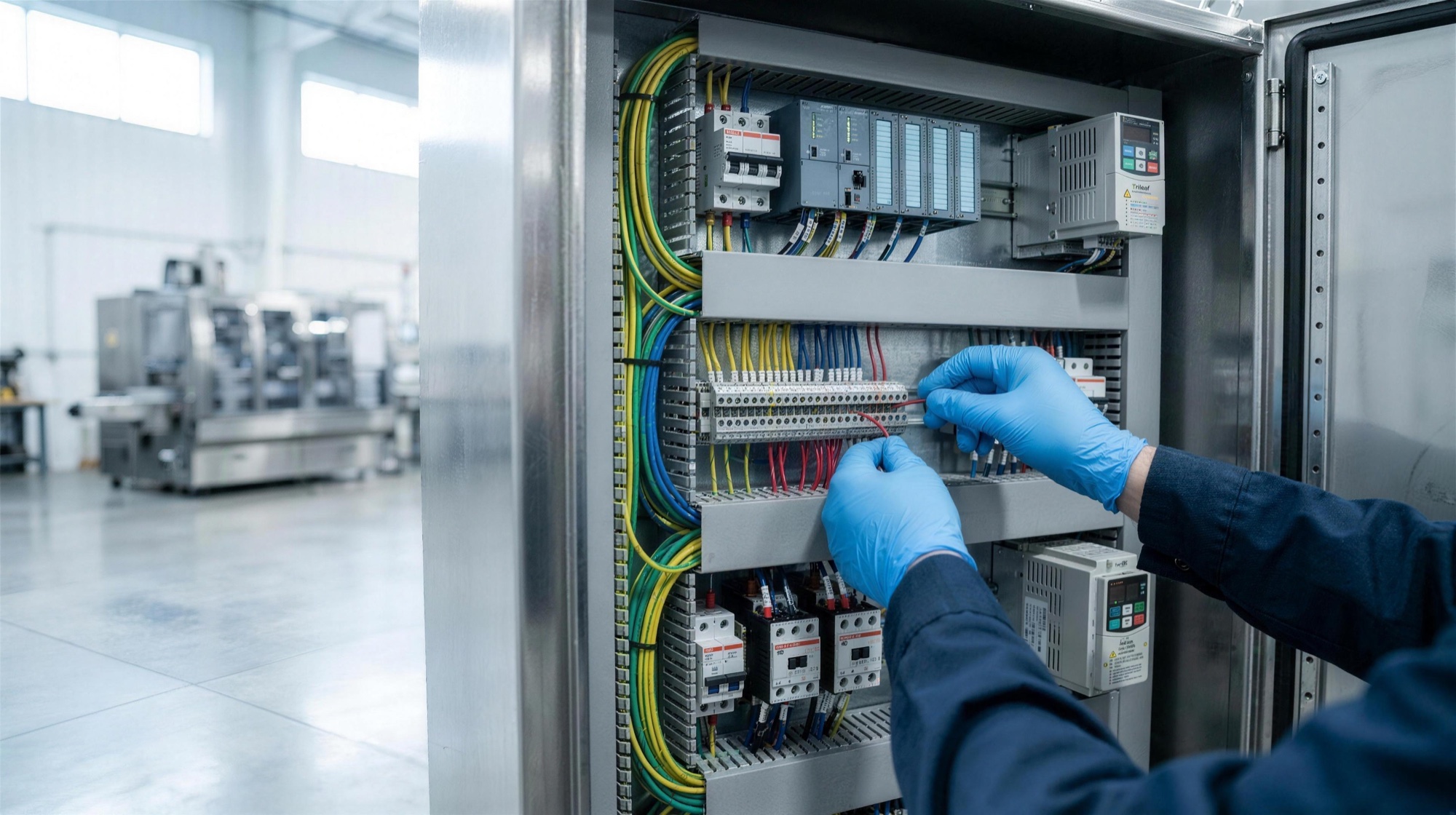 Controls technician wiring a stainless electrical control panel with PLC, breakers, and color-coded harnesses