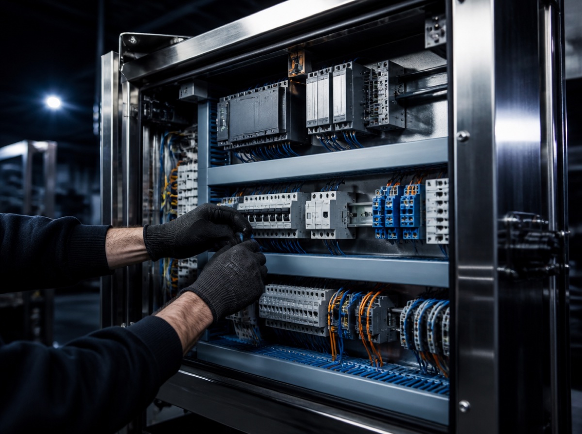 Technician wiring an industrial electrical control panel with PLC modules and terminal blocks