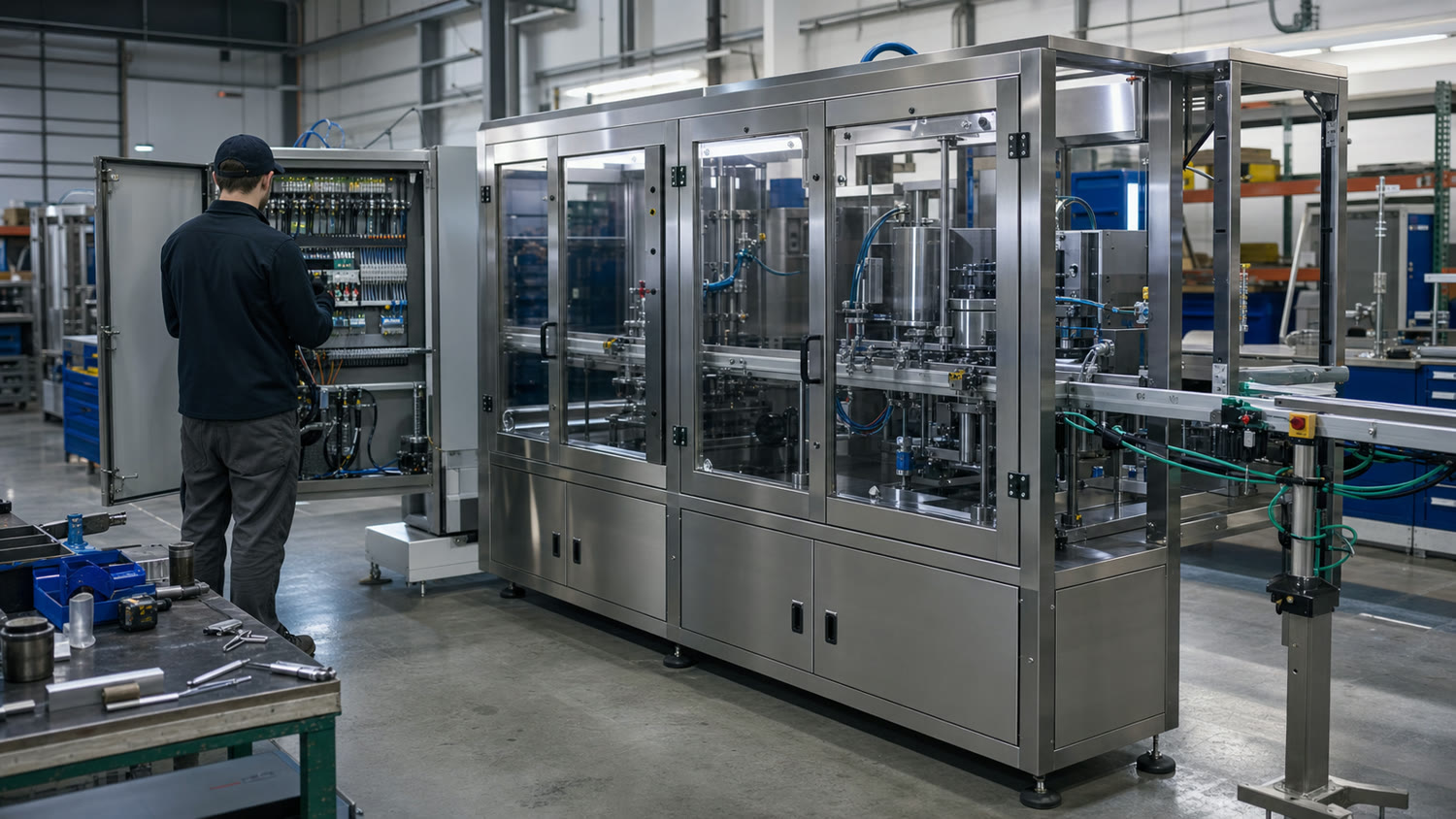 Finished custom machine being inspected before shipment