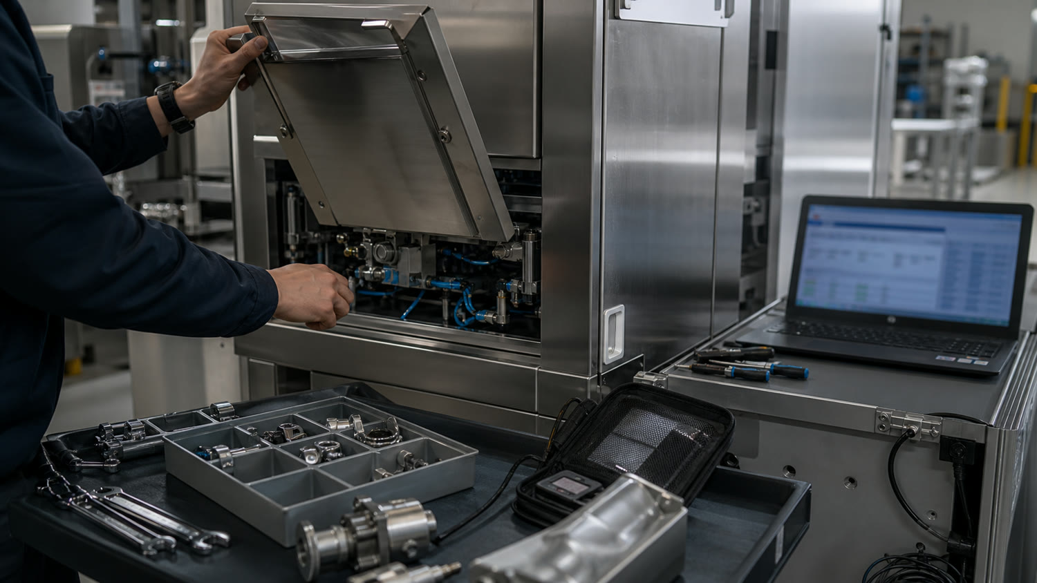 Technician preparing service and support for a finished custom machine